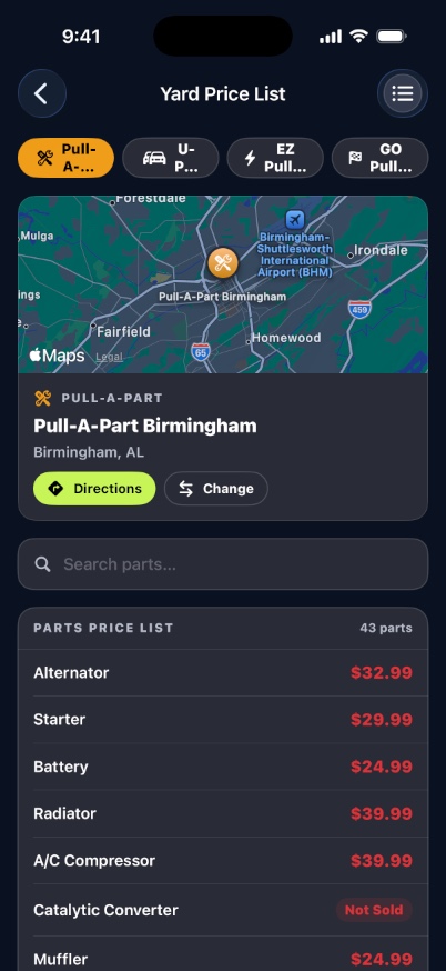 Nearby yard prices screen